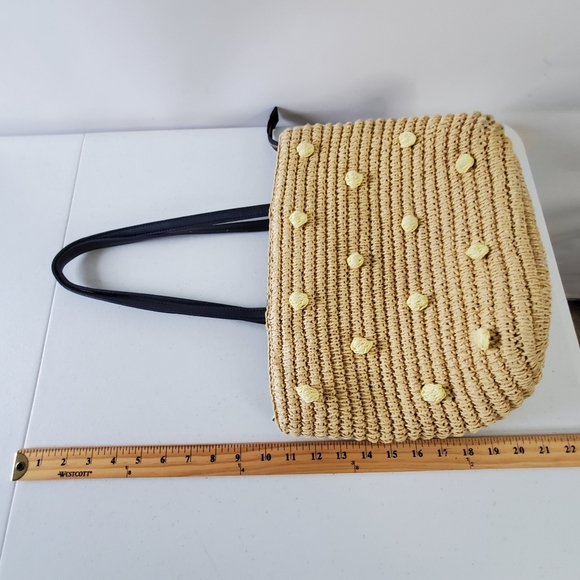 Talbots Paper Straw Bag with Leather Straps and Pom Poms Top Zip Beach Coastal - Picture 15 of 16